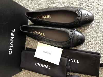 New Chanel Size 38 Black Aged Calfskin Ballerina Flats | eBay