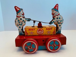 Antique Hoky Poky Tin Wind Up Toy Clown Hand Car Train Car Works Ebay