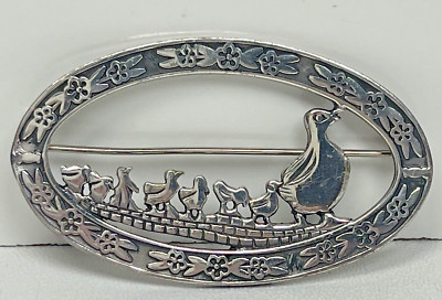 SIGNED VTG 925 STERLING SILVER LARGE DUCK WITH BABY BIRDS PIN BROOCH MIA