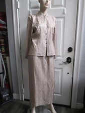new ADRIANNA PAPELL beige SILK SUIT EMBROIDERED TOP w/ MIDI SKIRT Sz 8