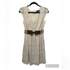 EUC Heart Soul Lace Like Cap Sleeve Belted Dress Sz M Cream Shower Casual Boots