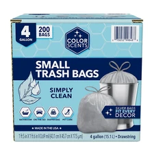 Small Trash Bags, 4 Gallon, 200 Bags, Drawstring, Simply Clean Scent