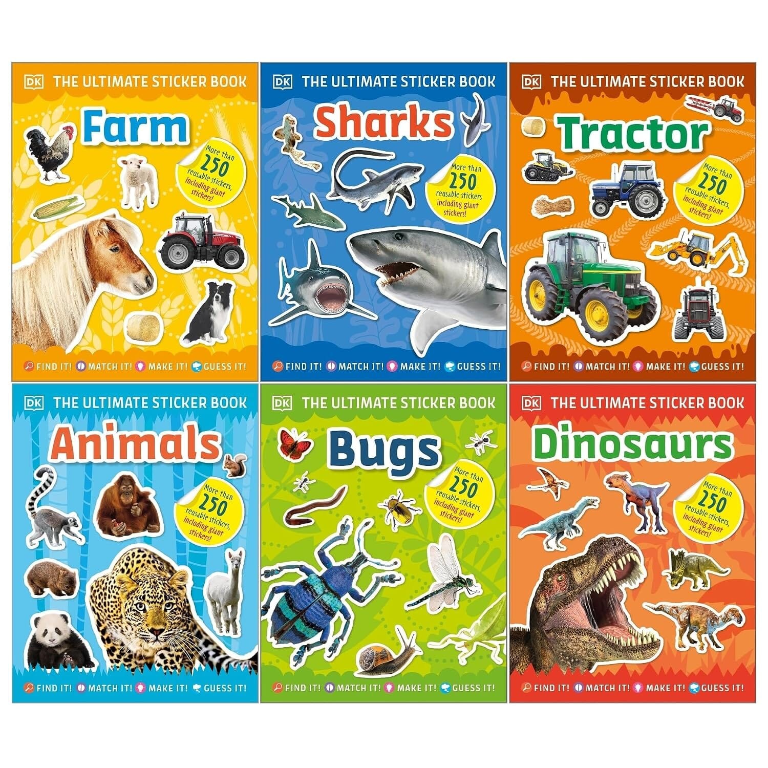 DK Ultimate Sticker Books Series 6 Books Set Animals, Bugs, Farm, Sharks,Tractor - Image 2