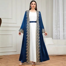 Women Arab Two Piece Abaya Set Long Sleeve Embroidered Open Kaftan Robe for Eid