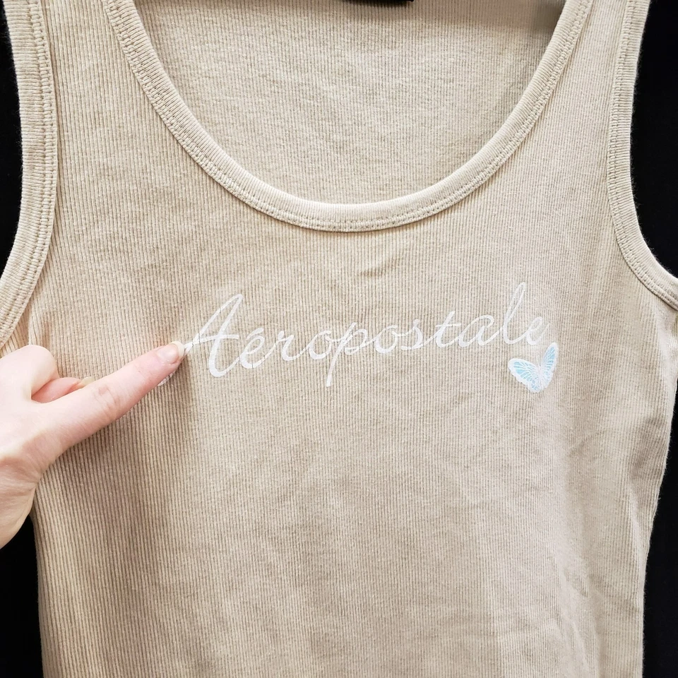 Vtg Aeropostale Y2K Ribbed Butterfly Tank Top Size L Cream Preppy Cotton Scoop - Image 4 of 4