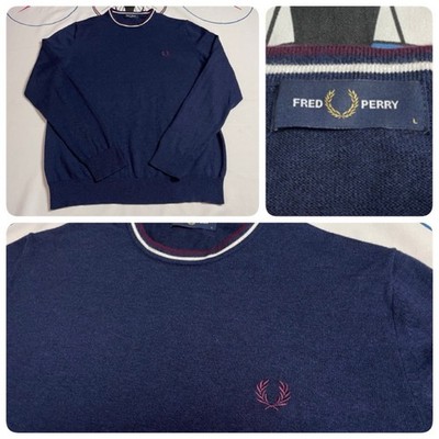 Mens Fred Perry Knit Crew Neck Sweater Wool Blend Navy L Mint!