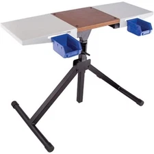 Adjustable Steel Reloading Stand with Wood Work Surface and Storage Bins for