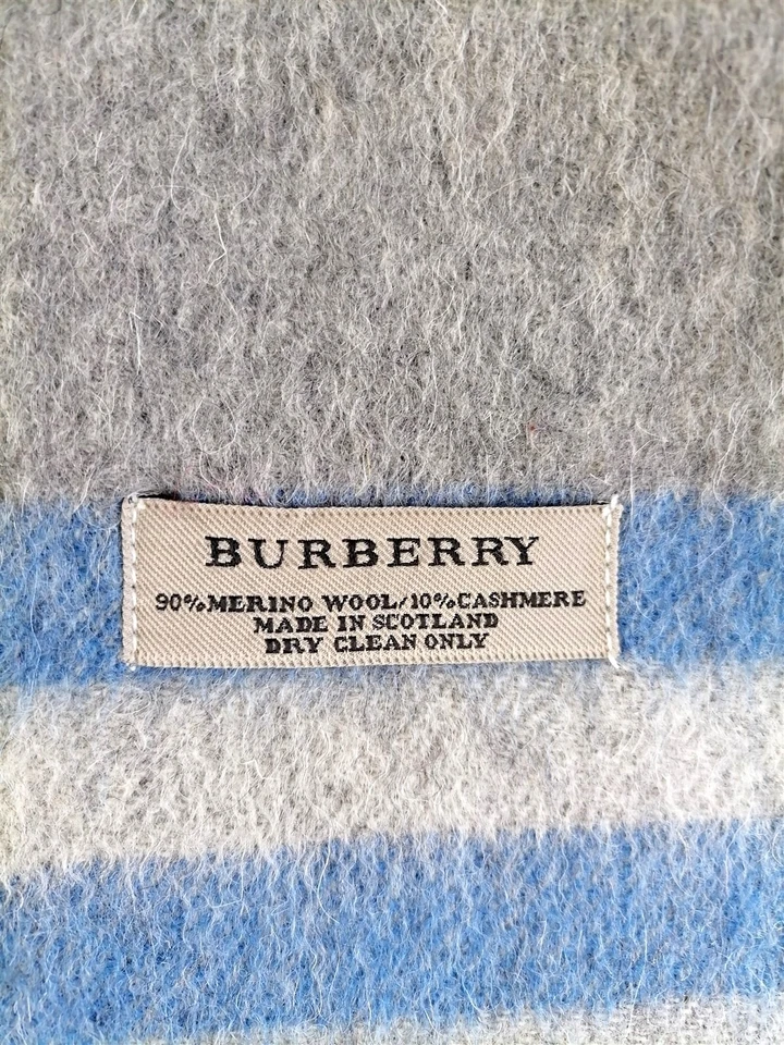Burberry Grey Blue Turquise Stripe Scarf One Size Merino Cashmere 3-291 - Image 4 of 4