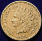 1859 COPPER-NICKEL INDIAN HEAD CENT PENNY, GRADE: XF