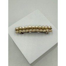 Vintage Faux Pearl Beaded Hair Barrette Cream Gold Tone French Clip Accessory