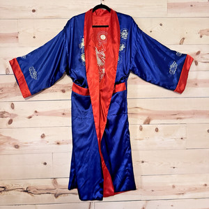 Reversible Dragon Embroidered Satin Kimono Robe Blue Red Asian Style