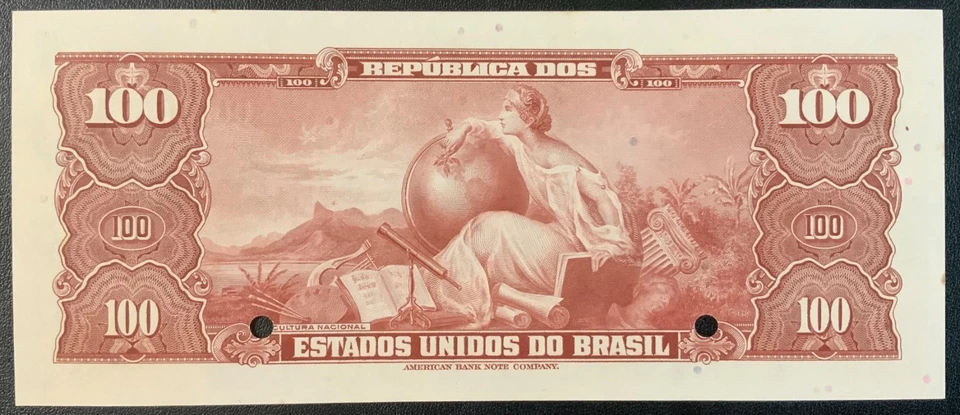 Papel moneda de Brasil 1943 - ¡100 cruzeiros espécimen billete sin circular! Foto 2 de 2