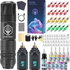 PROFESSIONAL POSEIDON Wireless Tattoo Machine Kit Rotary Cartridges Pen Needles