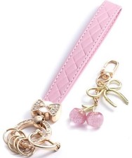 Keychains Wristlet Women Car Key Fob Keychain with Cherry Bag Charm, Bow Pink