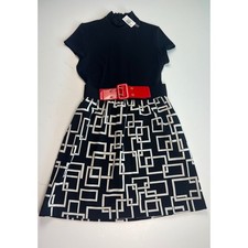 Y2K Style Black Mock Neck Dress Geometric Print Red Belted Short Sleeve Women 8
