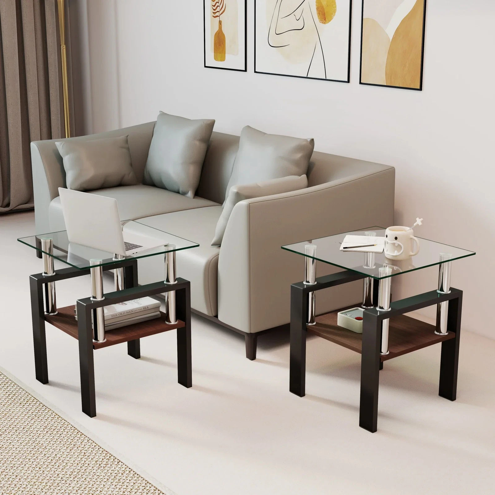 Set of 2 Modern Tempered Glass Tea Table,Tempered Glass Tabletop with MDF Layer,Coffee Table,End Table, Square Table for