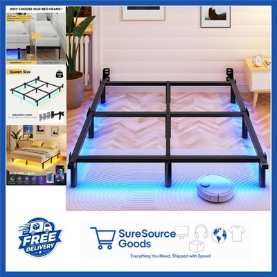 Black Metal Bed Frame with LED Lights for Queen Mattress Box Spring Support