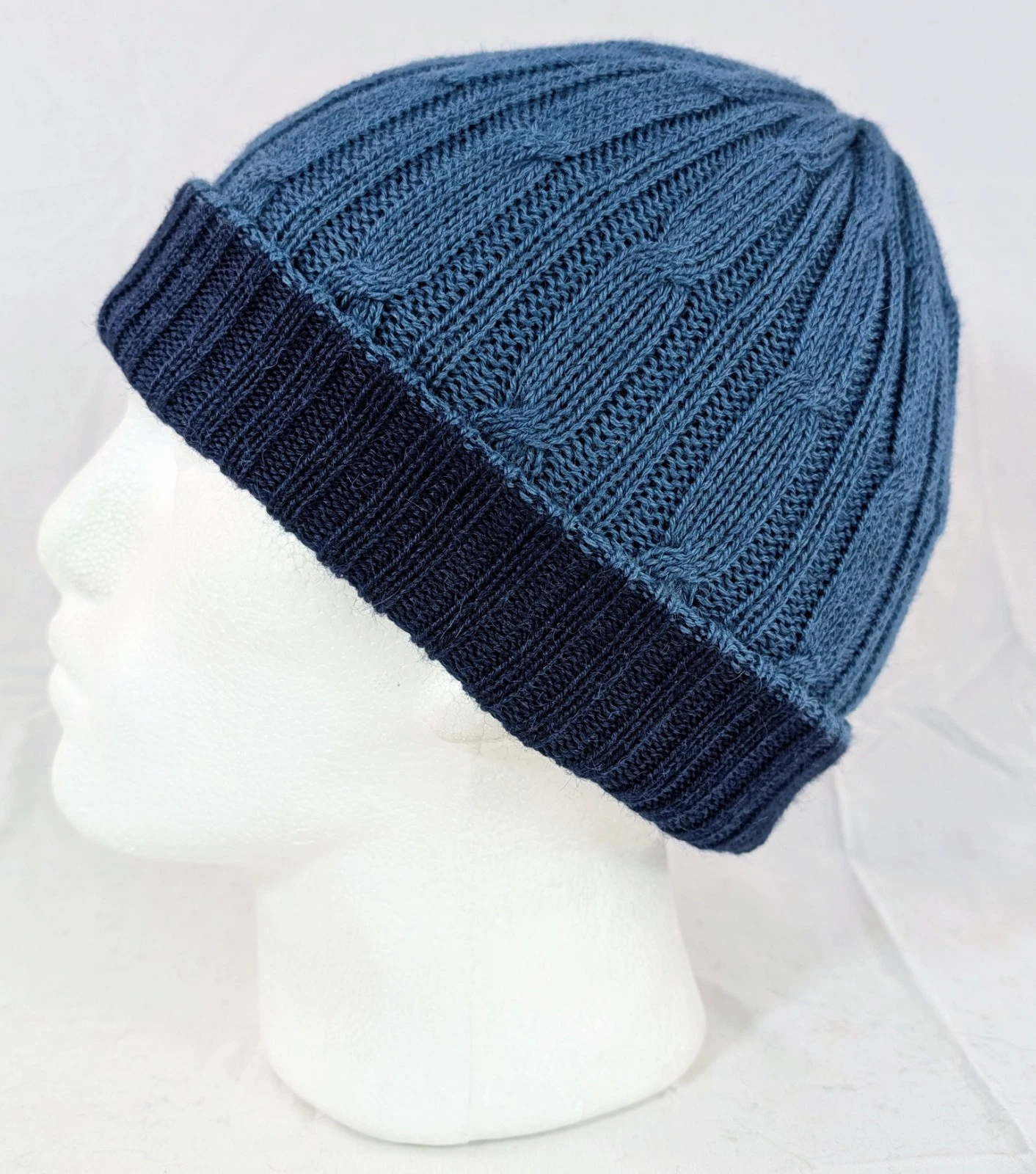 Extra Soft Baby Alpaca Reversible Cable Knit Beanie Blue Dark Blue Handmade