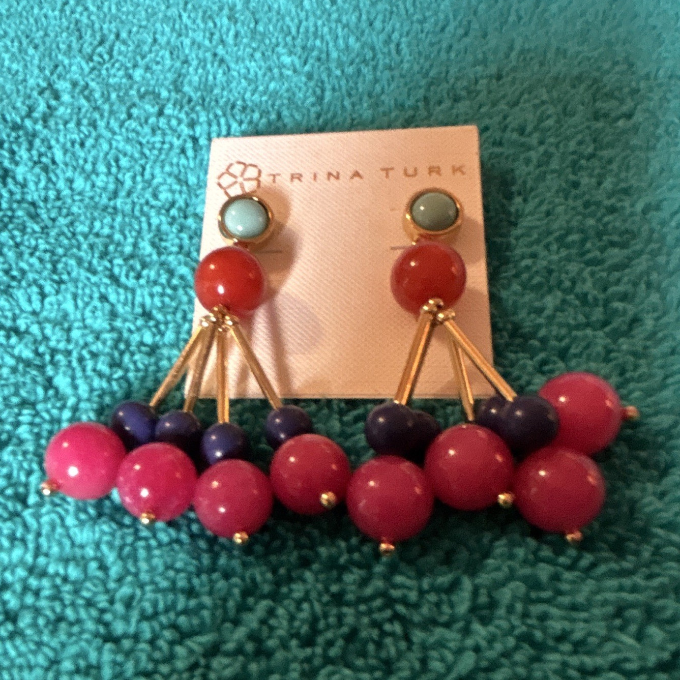 Trina Turk Multicolor Beaded Dangle Drop Earrings Gold Tone Butterfly Back