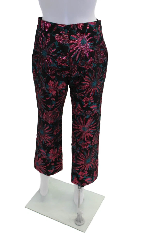 Calça reta Trina Turk feminina floral metálica cintura média rosa tamanho 4 - Imagem 4 de 4