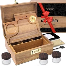 Lockable Acacia Wood Stash Box with Rolling Tray & Hygrometer – Smell Proof St