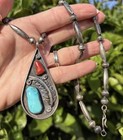 Old Pawn Navajo Sterling Turquoise Coral 2.5” Teardrop Pendant on Pearls Sgd CW — photo 1