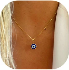 Evil Eye Necklace for Women 14K Gold Plated Delicate Necklaces Blue White CZ Dia