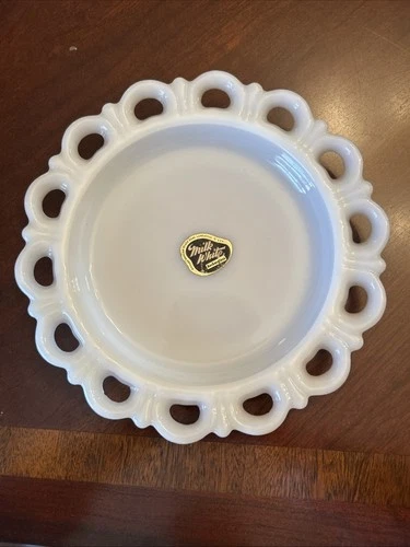 Vintage Anchor Hocking Open Lace Milk Glass Salad Plate With Original Sticker