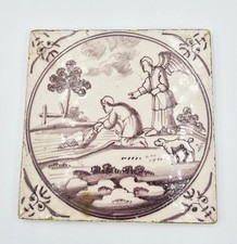 18TH CENTURY DUTCH DELFT MANGANESE & WHITE TILE - TOBIAS CATCHING A FISH