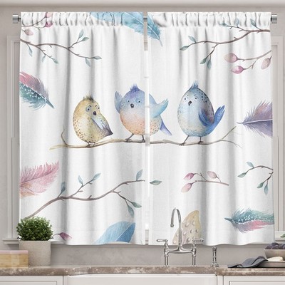 Animal Long Kitchen Curtains, Hand Drawn Birds Sitting on Branch Cartoon in B...