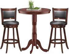 3 Pcs Dining Table Set, Wooden Pub Pedestal Side Table with Stable Base, 360 Deg
