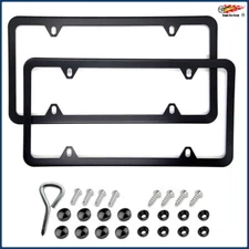 2Pcs Black Stainless Steel Metal License Plate Frame Tag Cover With Screw Caps