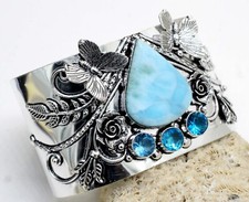 925 Sterling Silver Larimar & Topaz Gemstone Jewelry Cuff Bracelet S-ADJ"