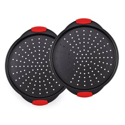 NutriChef 2-Pc Pizza Tray with Silicone Handle Carbon Steel Non-Stick Pan