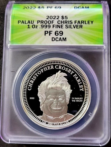 2022 $5 Palau Proof Chris Farley 1oz .999 Fine Silver PF69 DCAM RARE