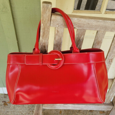 FURLA Red Leather Buckle Satchel Bag Purse | eBay
