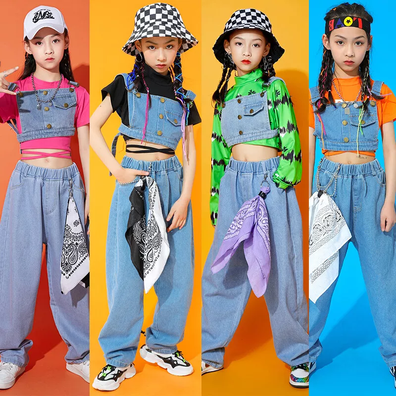 Jazz Costume Girls Hip Hop Clothes Denim Long Sleeve Performance