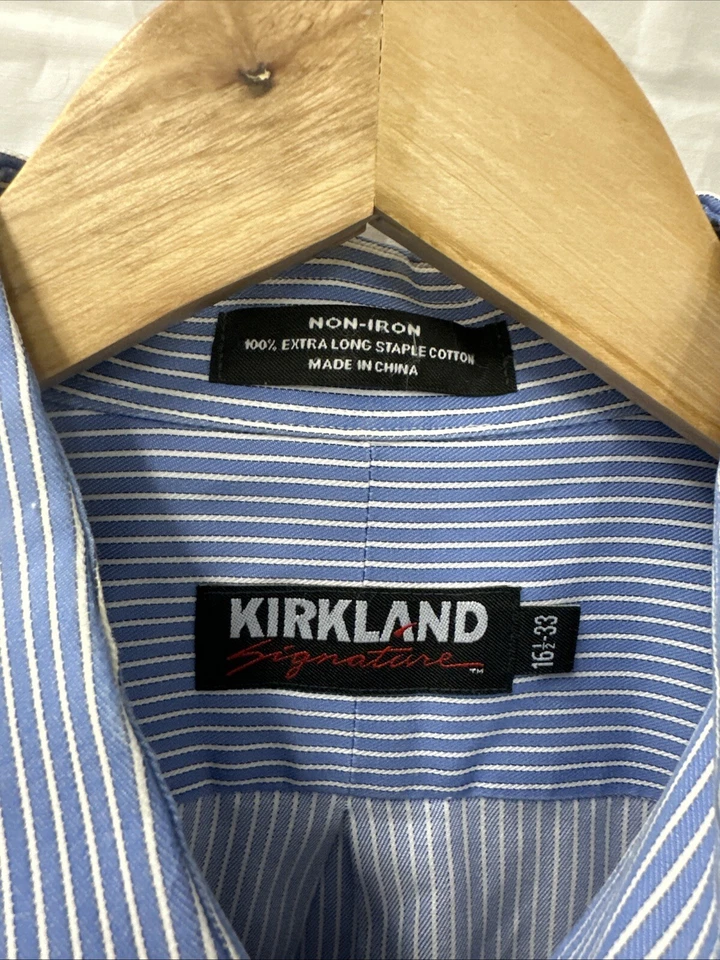 Lot (2) Kirkland Signature Non-Iron Dress Shirt Men’s 16.5-33 blue Striped/Solid - Image 4 of 4
