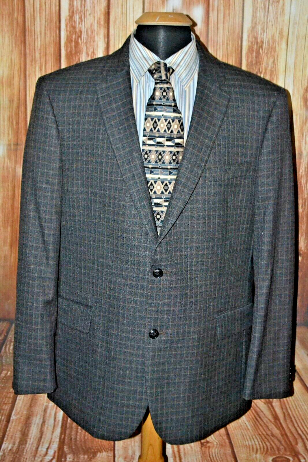 Tommy Hilfiger Men Brown Check Polyester Blend 2 Front Button Sports Coat Sz 46R