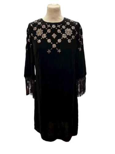 BWNT Monsoon Vivienne Black Velvet Silk Mix Sequin Tassel Tunic Dress Size 8 - Picture 1 of 9