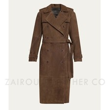 Womens Dark Brown Suede Leather Trench Coat Belted Long Tailored Overcoat