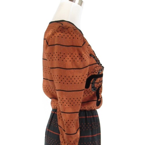 Light brown black polka dot embroidered vintage dress S - Picture 6 of 10
