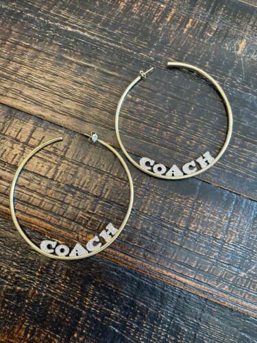 COACH Signature Logo Hoop Earrings Choose Med 2.5" Or Lg 3.0" Gold & Glass NWT - Picture 1 of 12