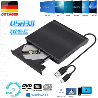 USB 3.0 Externes CD/DVD Laufwerk Brenner Player mit Type C für Laptop PC Schwarz