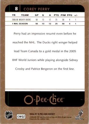 2006-07 O-Pee-Chee Corey Perry #8 - Picture 2 of 2
