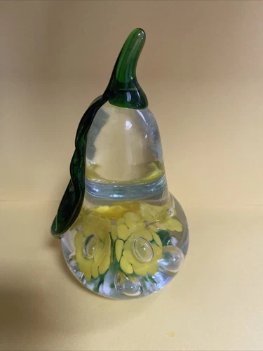 2002 Gibson Glass Paperweight signed Pear Yellow flowers Controlled Bubbles