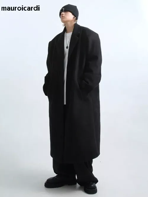 Winter Long Oversized Soft Black Trench Coat Men with Shoulder Pads Loose  Casual