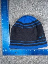 Nike Beanie Toque Youth One Size Blue Black Stripe Knit Acrylic Swoosh Logo Ski