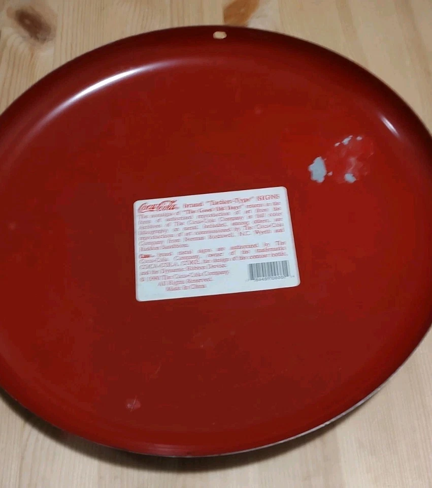 "Letrero de metal vintage original de 12"" clásico de Coca-Cola con botón redondo 1990" Foto 2 de 3