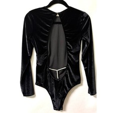 Victoria's Secret Black Velvet Long Sleeve Rhinestone Open Back Bodysuit NWT M